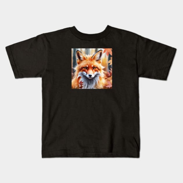 Fox with autumn leaves Kids T-Shirt by AnnArtshock